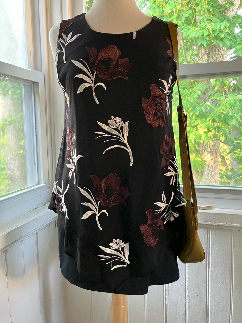 Alfani Black Sleeveless Tunic with Burgundy Floral Embroidery